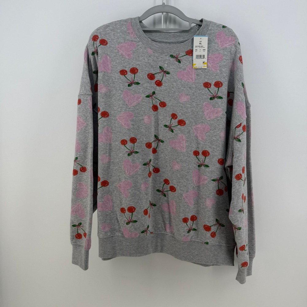 Zoe + Liv Sweatshirt Womens XL Grey Cherry Heart Oversized Pullover Coquette NWT